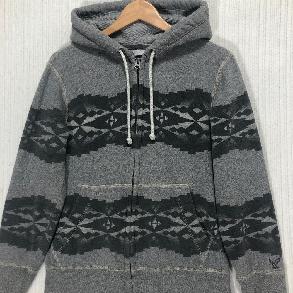 American Eagle Outfitters Full‎ Zip Hoodie Medium Gray Aztec Geometric Pattern
